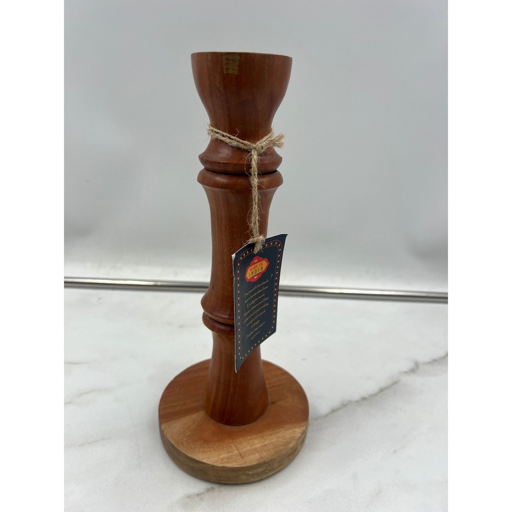 Turned Wood Taper Candle Holder 10.5" Handmade Eucalyptus Made in India Brown